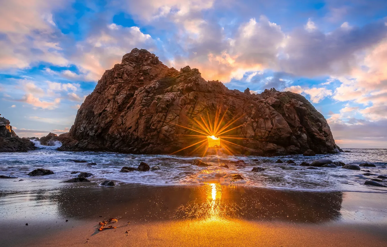 Photo wallpaper sea, the sun, clouds, rays, sunset, rocks, coast, CA