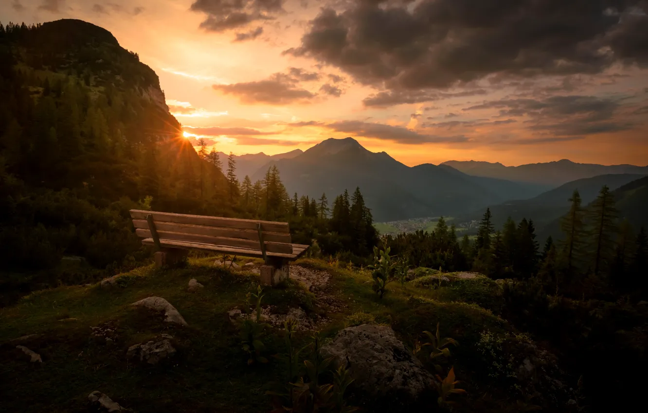 Photo wallpaper sunset, mountains, bench, Austria, Tyrol, Reutte District