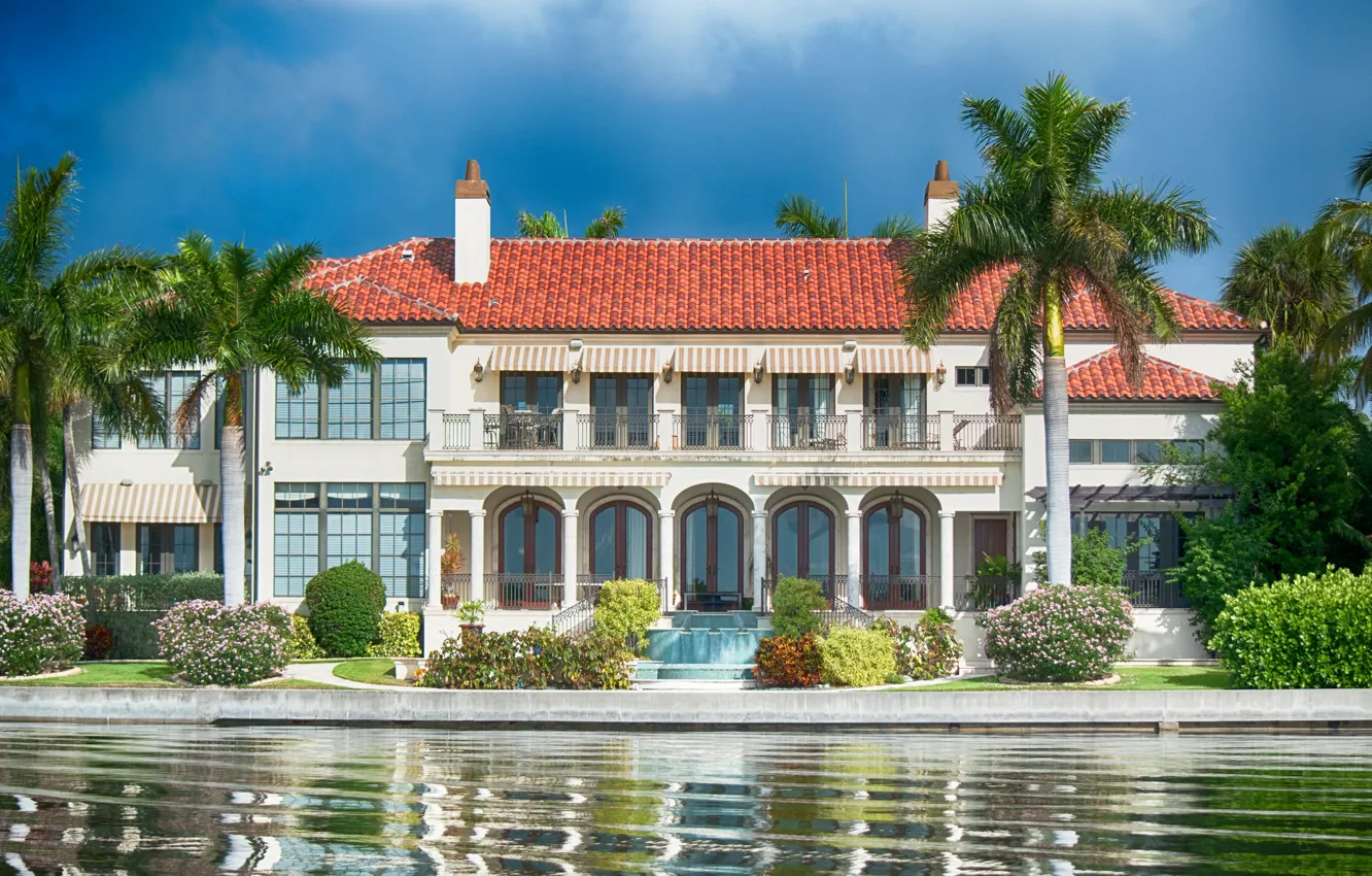 Photo wallpaper water, palm trees, Villa, FL, the bushes, Florida, Sarasota, Sarasota