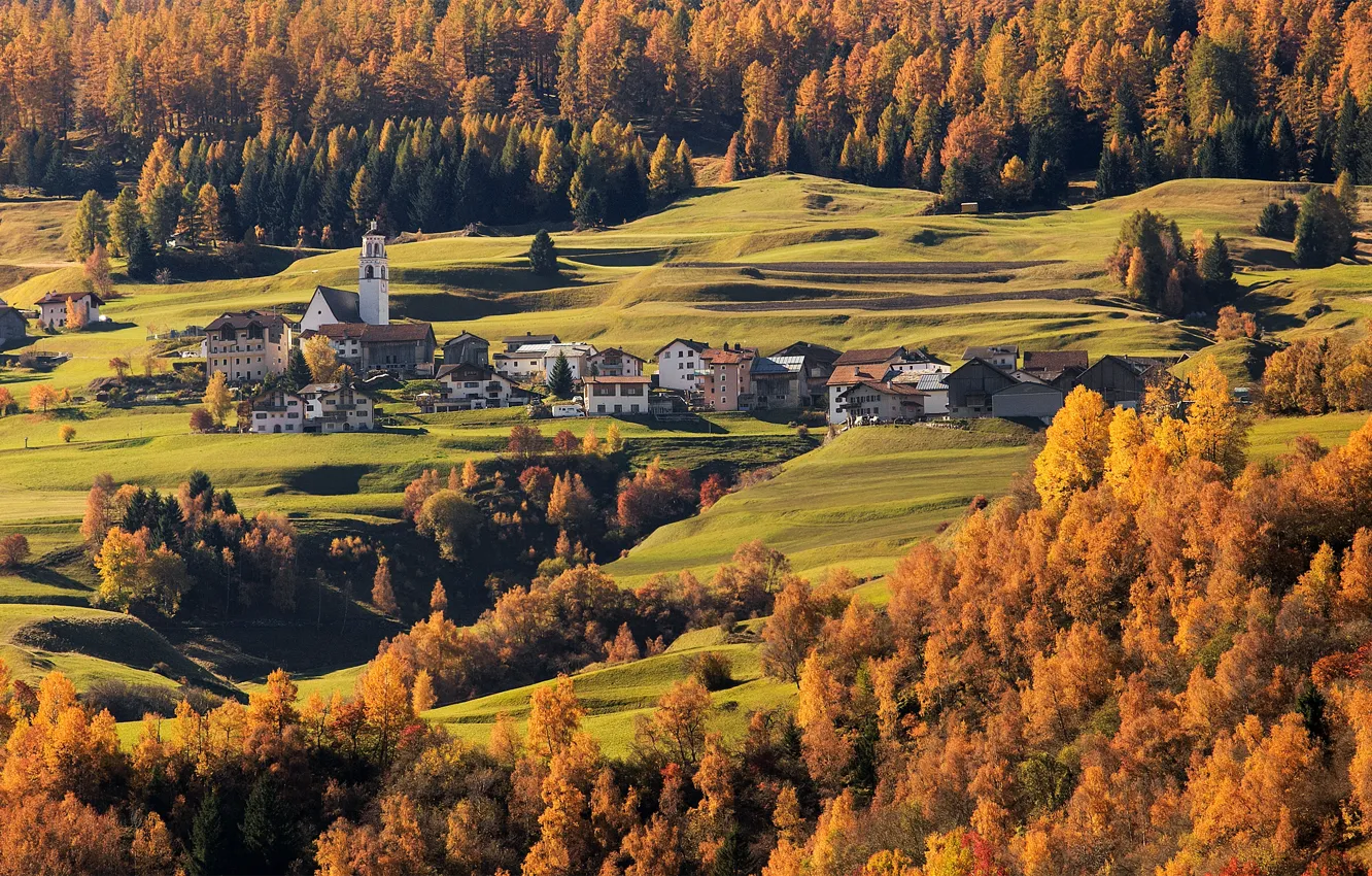 Photo wallpaper autumn, trees, Switzerland, valley, town, Switzerland, Grisons, Grisons