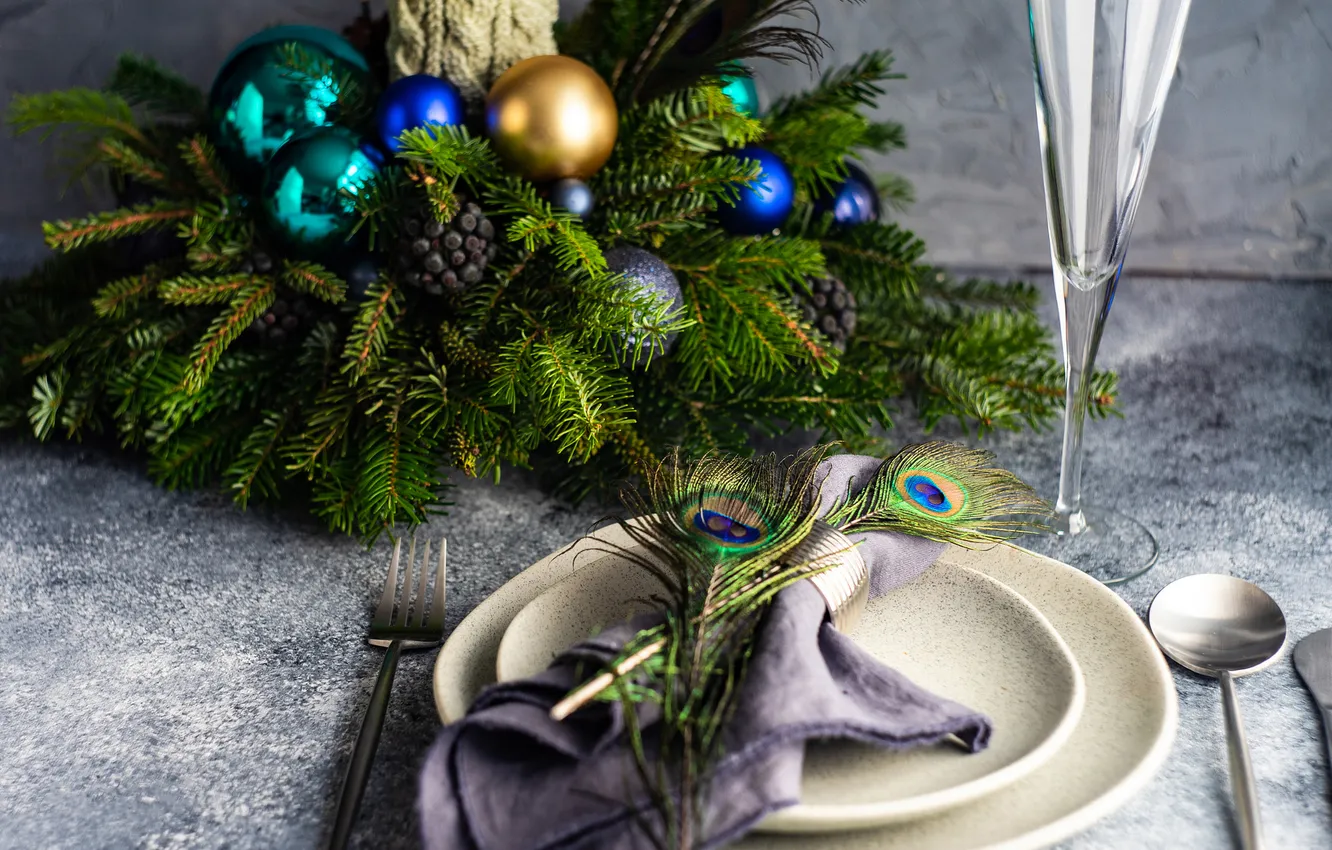 Photo wallpaper balls, branches, table, glass, new year, candles, plate, Christmas