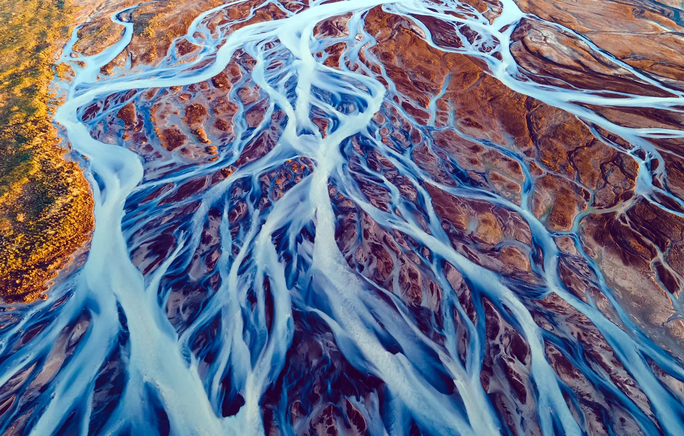 Photo wallpaper Iceland, Iceland, aerial view, Bird's-eye view, of Glacial Rivers, glacial rivers