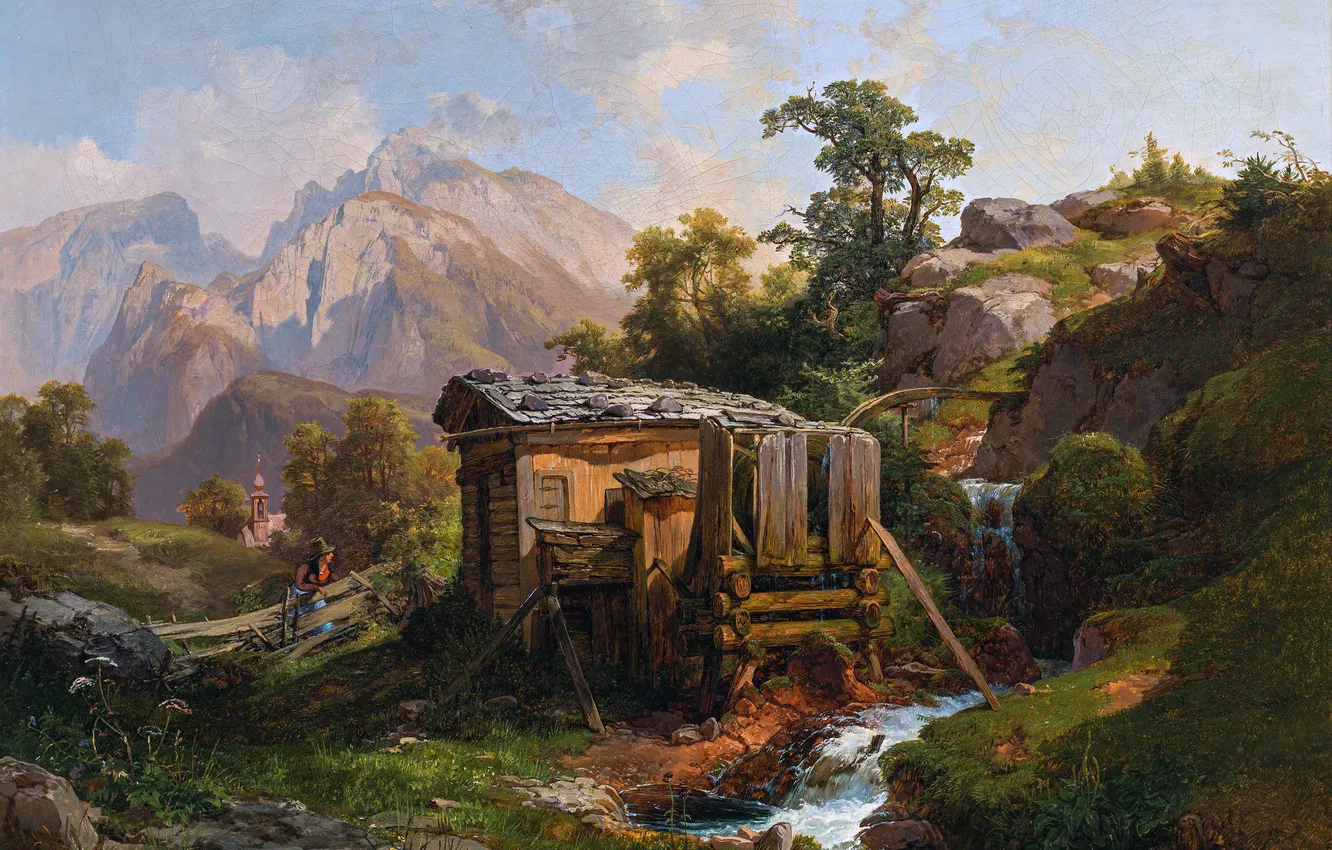 Photo wallpaper trees, mountains, stream, picture, mill, Austrian landscape painter, Anton Hansh, Anton Hansch