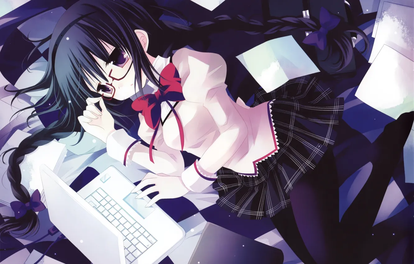 Photo wallpaper look, girl, anime, glasses, bed, braids, form, laptop