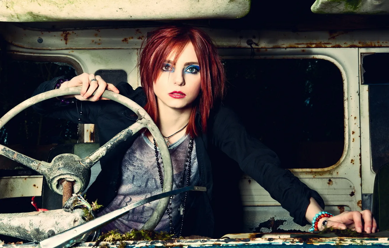 Photo wallpaper machine, girl, the wheel