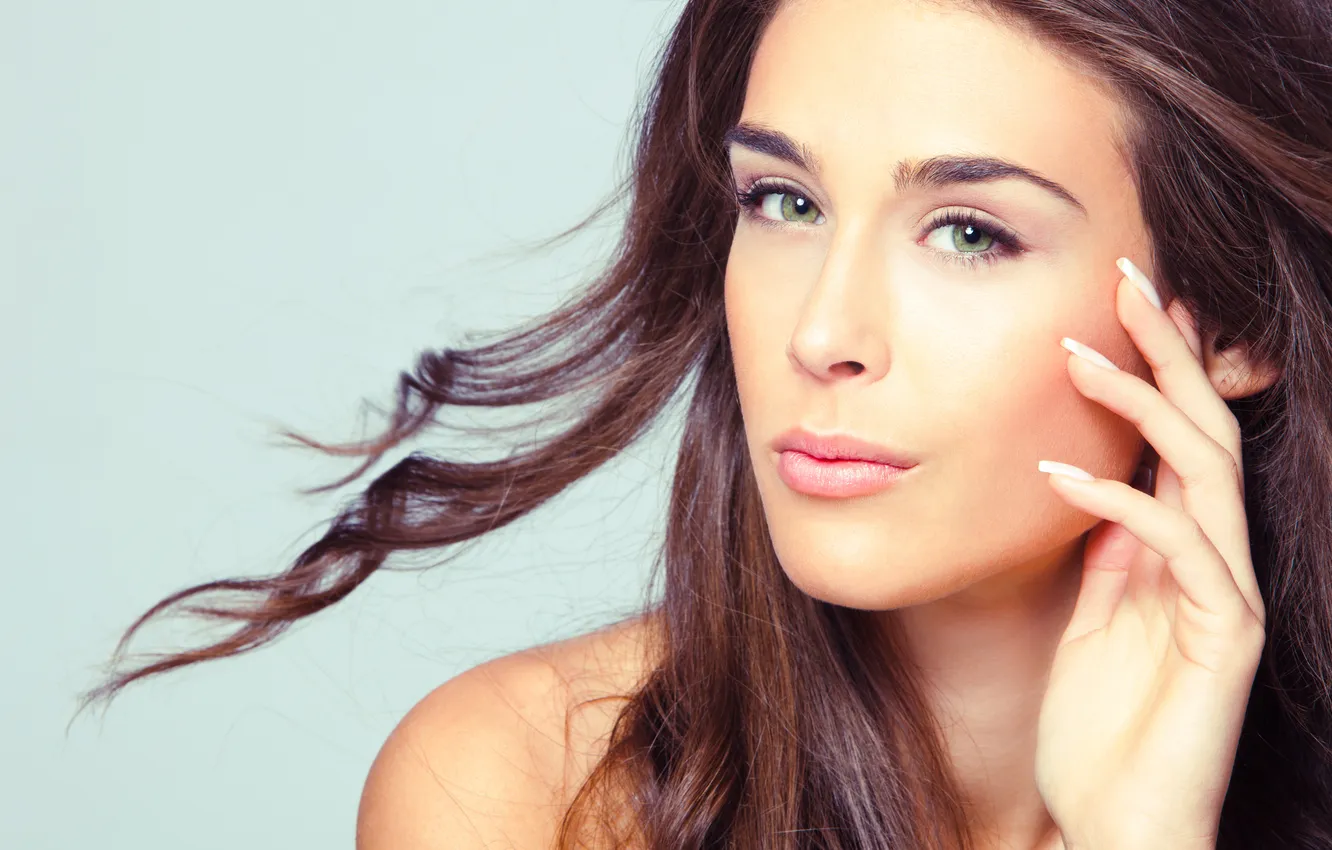 Photo wallpaper look, girl, brown hair, marigolds, green-eyed
