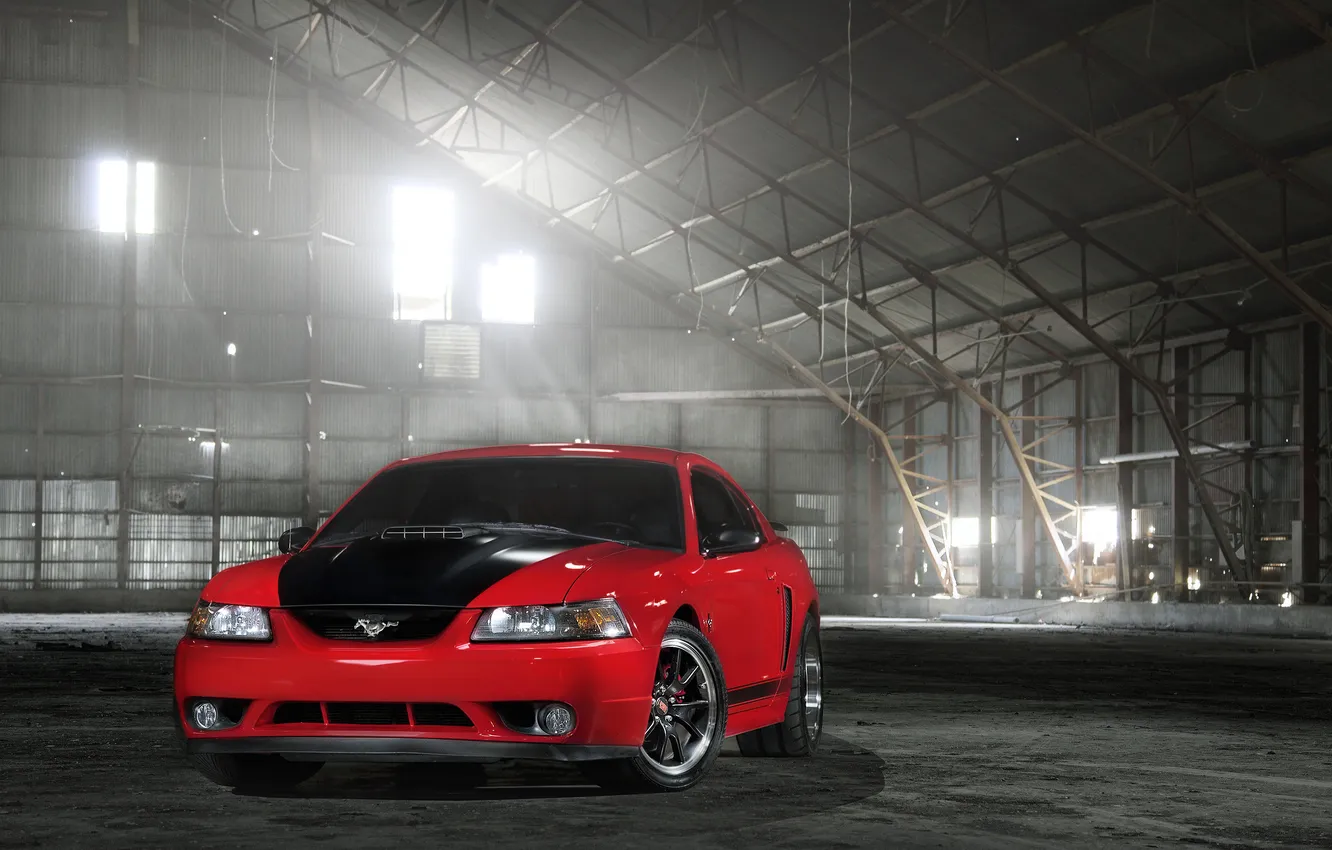 Photo wallpaper red, glare, Mustang, Ford, Mustang, hangar, red, Ford