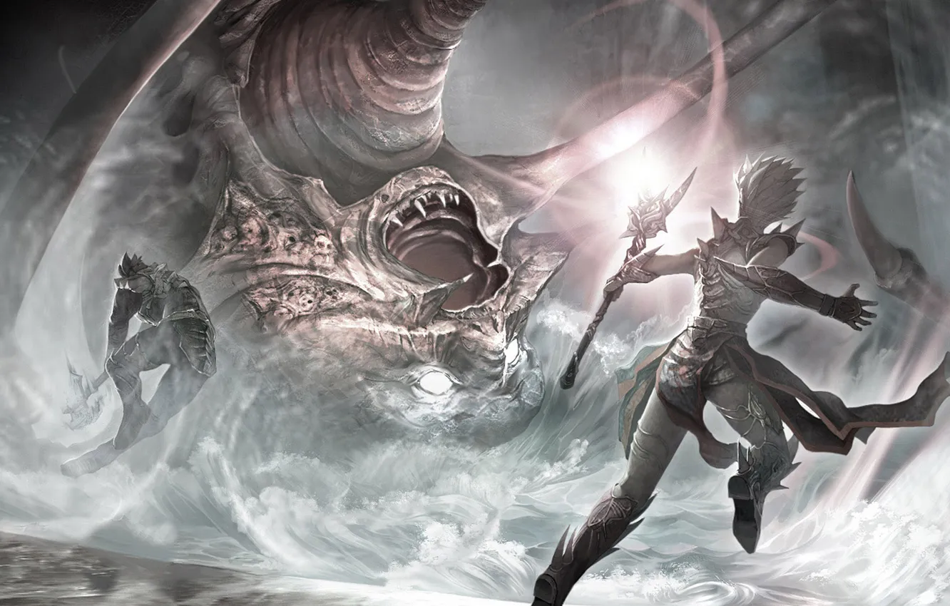 Photo wallpaper fiction, monster, warrior, MAG, battle, monster