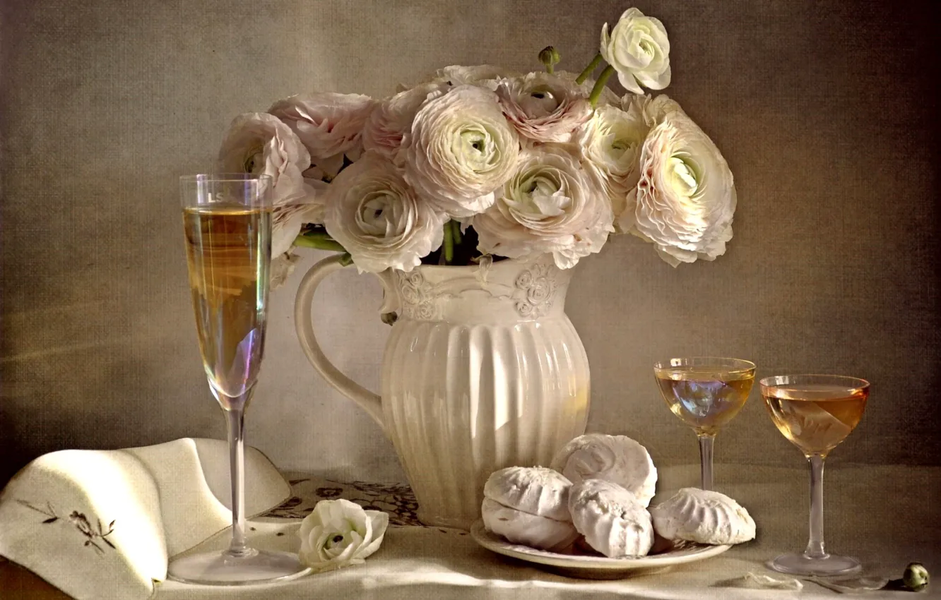 Photo wallpaper wine, bouquet, glasses, Ranunculus