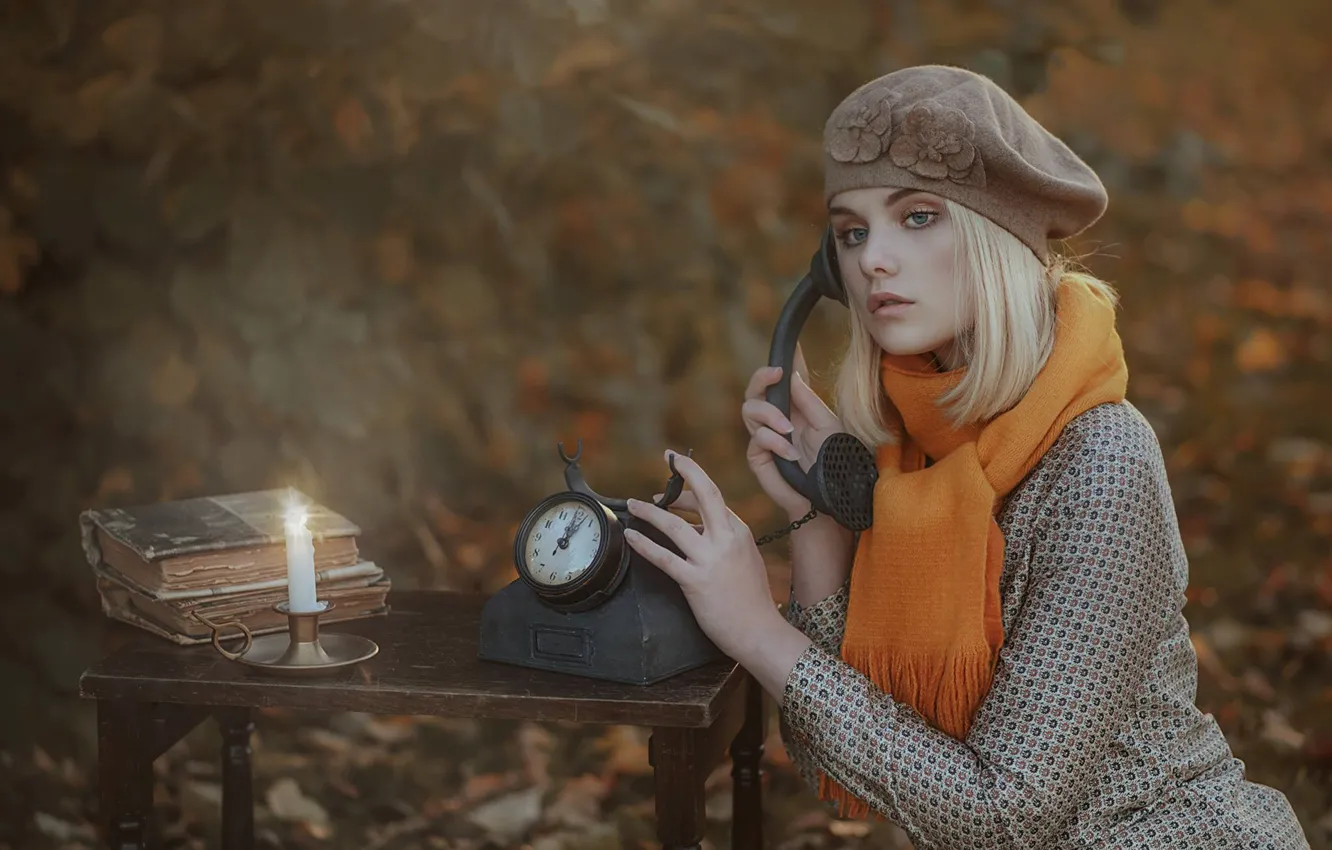 Photo wallpaper autumn, girl, mood, watch, candles, blur, scarf, book