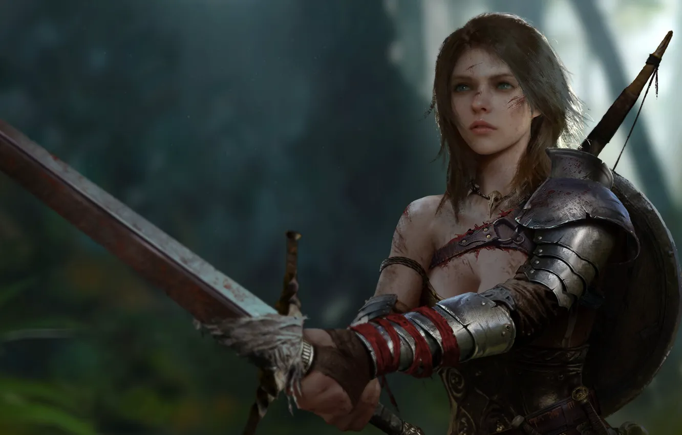 Photo wallpaper girl, weapons, sword, armor, warrior, by Jun Rao