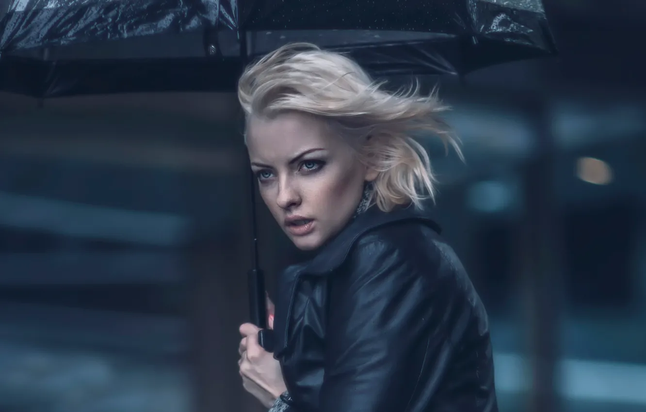 Photo wallpaper girl, rain, the wind, umbrella