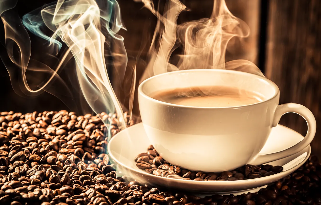 Photo wallpaper close-up, coffee, hot, grain, pair, Cup, saucer, bokeh