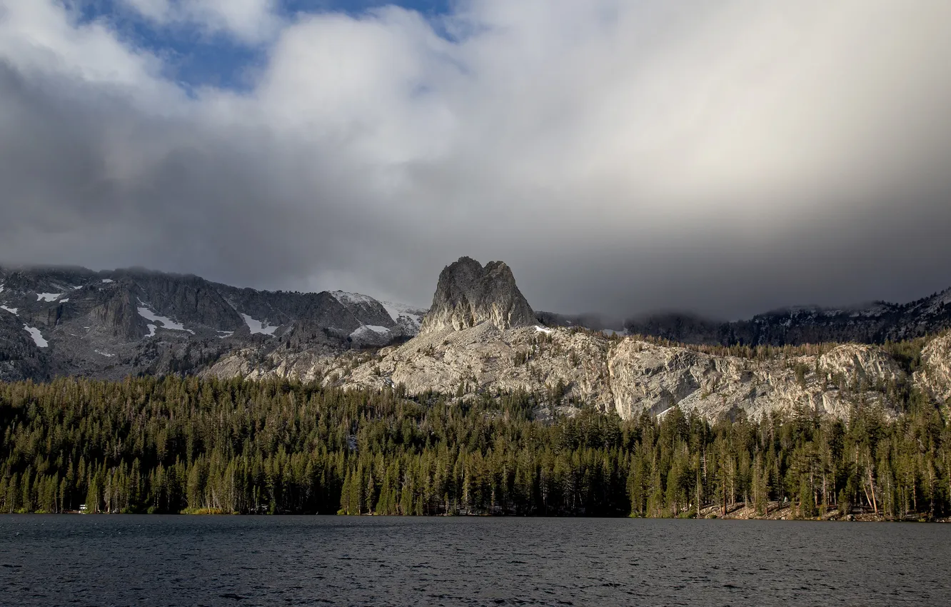 Photo wallpaper forest, the sky, mountains, clouds, river, overcast, rocks, shore