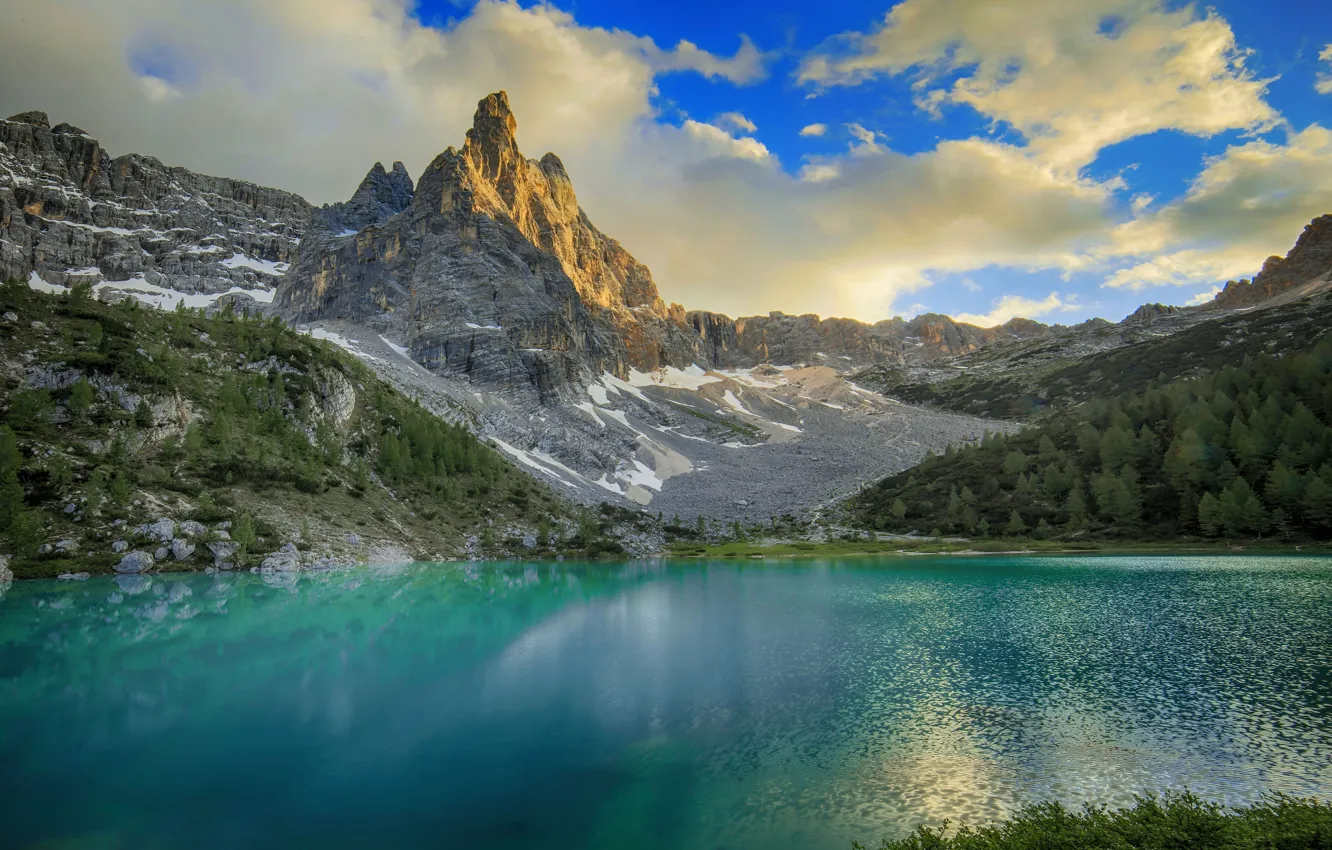 Photo wallpaper mountains, lake, rocks