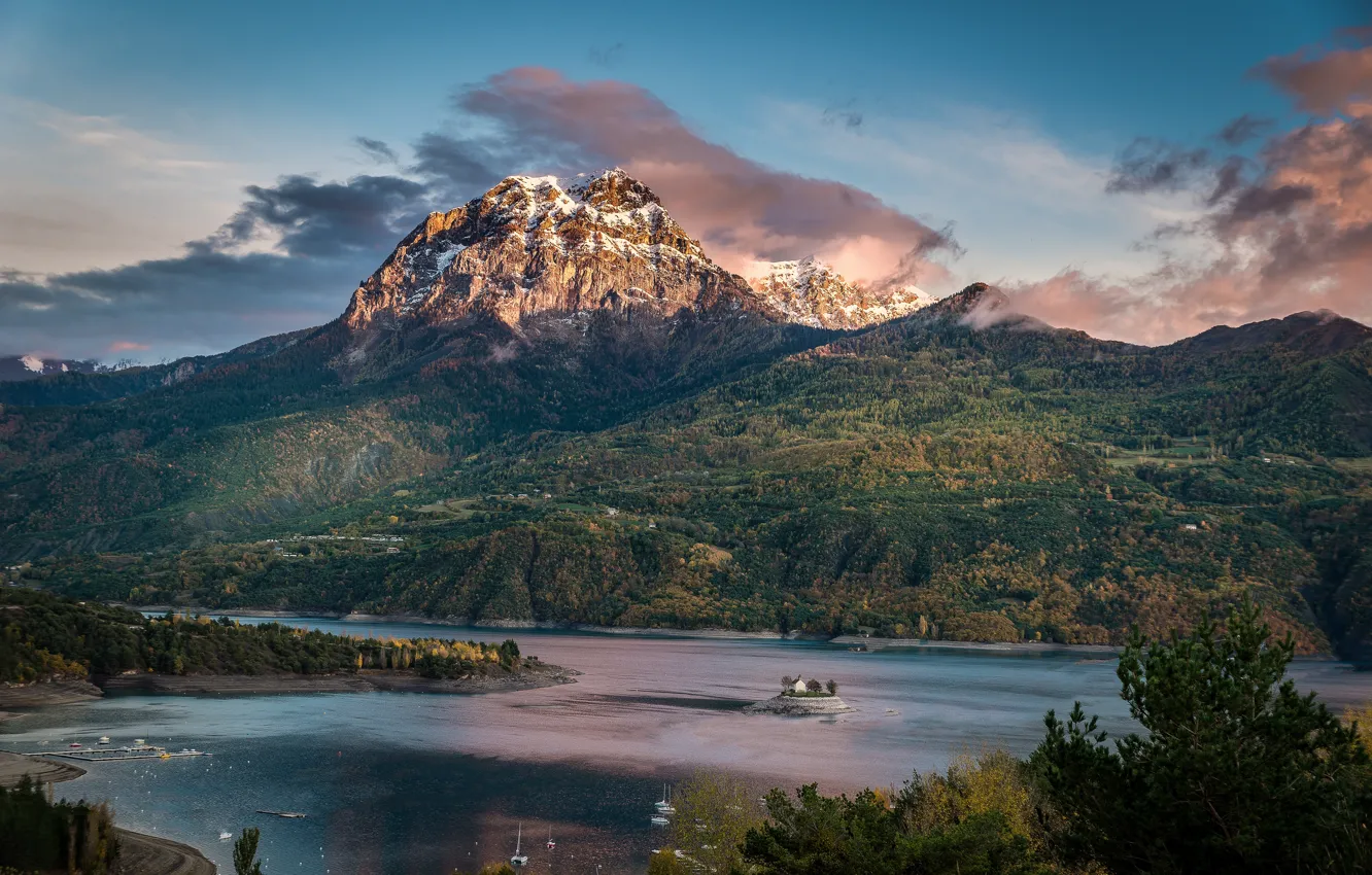 Photo wallpaper mountains, shore, height, Church, island
