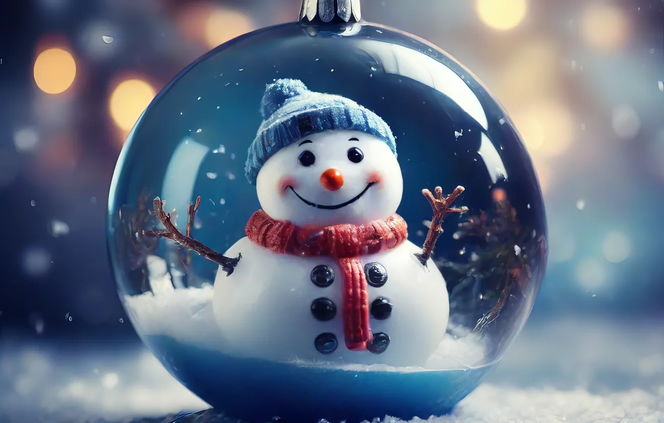 Photo wallpaper toy, new year, Christmas, snowman, glass globe, snow globe, AI art, neural network