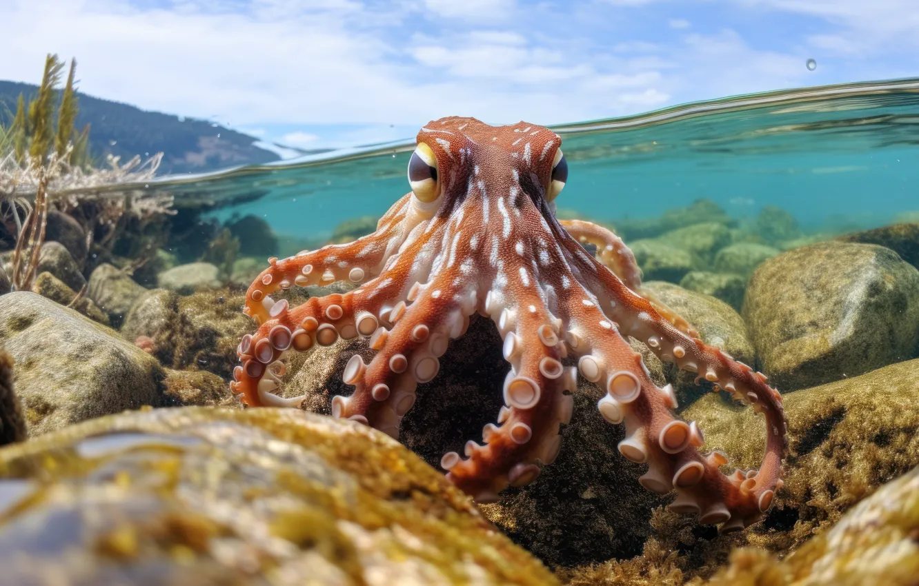 Photo wallpaper sea, look, stones, shore, octopus, tentacles, AI art, neural network