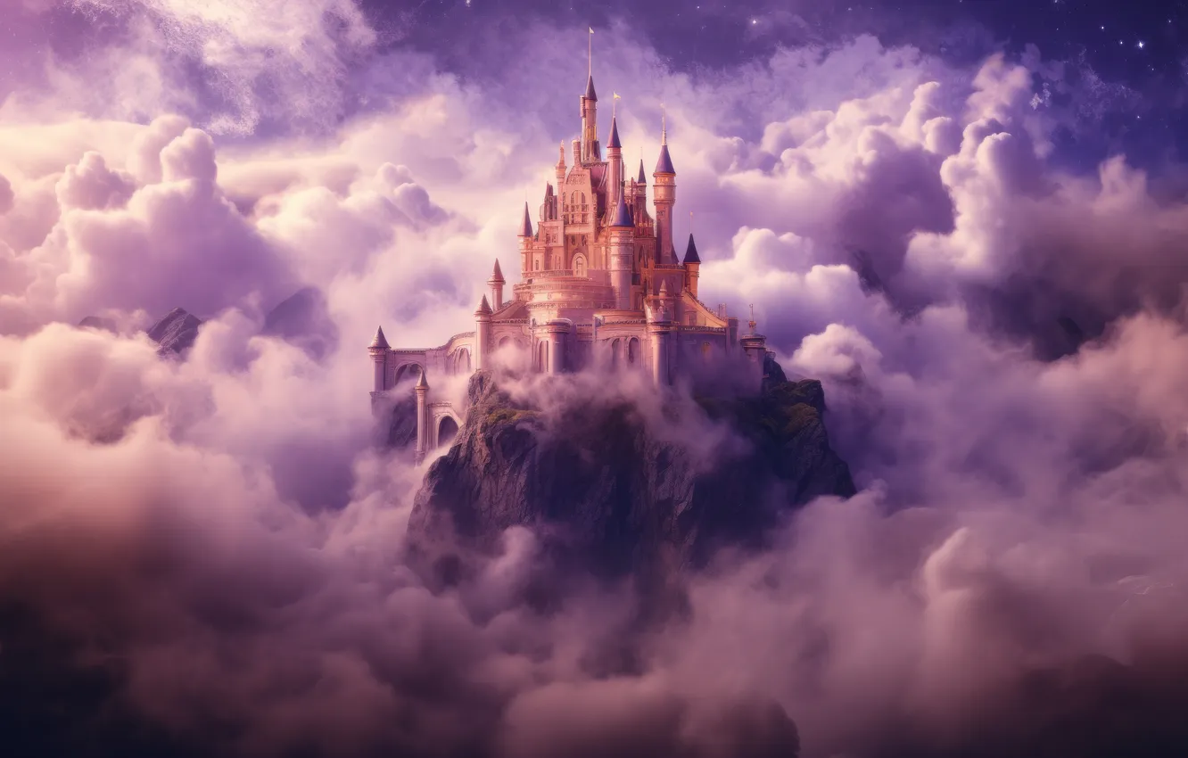 Photo wallpaper the sky, clouds, fog, castle, rocks, height, fantasy, haze