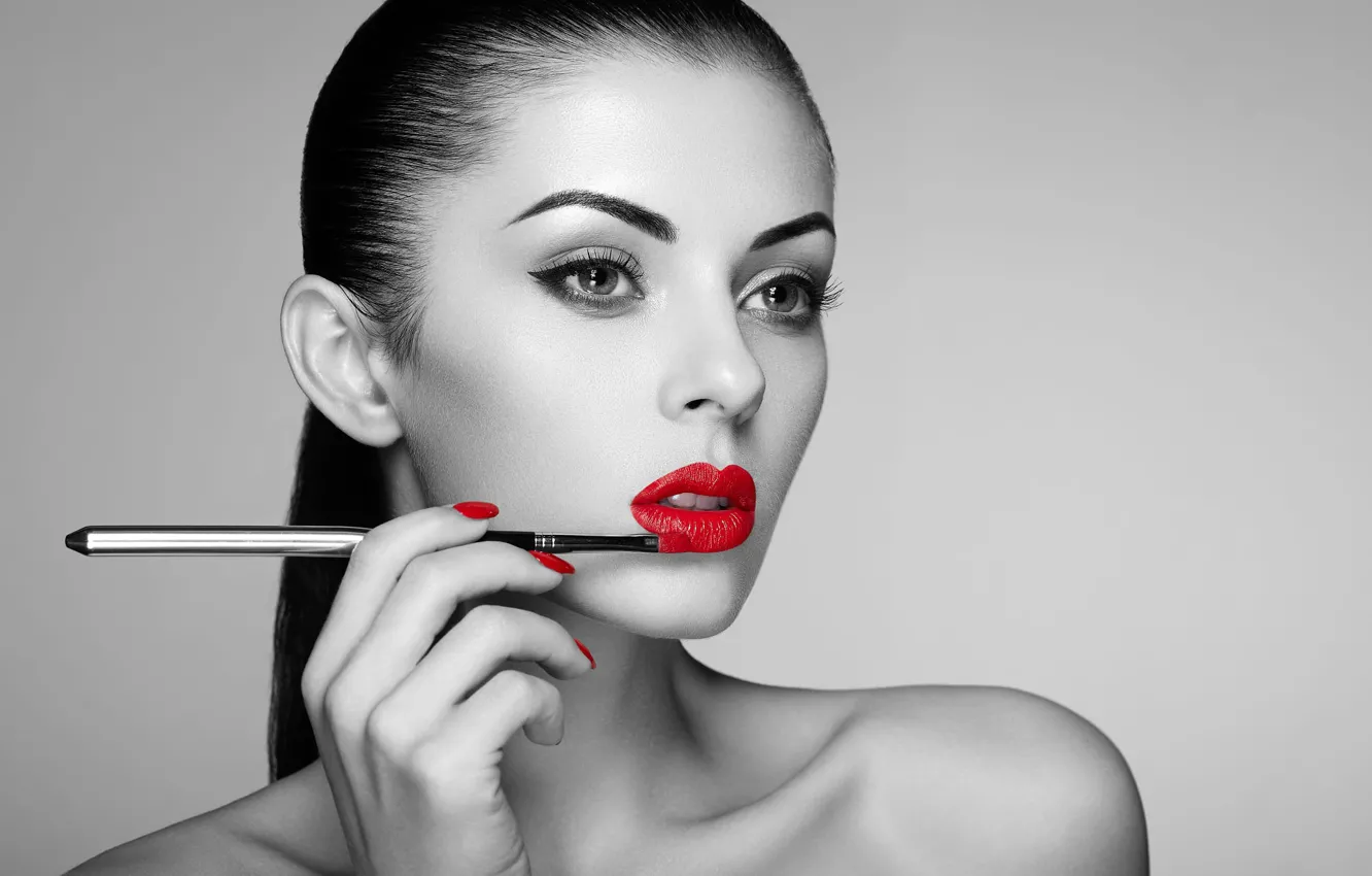 Photo wallpaper look, girl, face, arrows, makeup, lips, black and white, Oleg Gekman