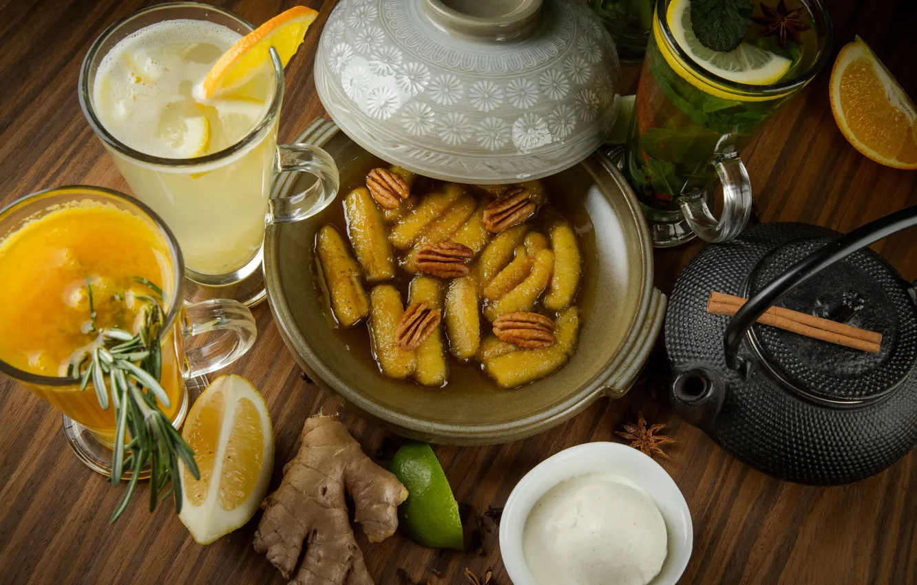 Photo wallpaper lemon, sticks, drink, nuts, ginger