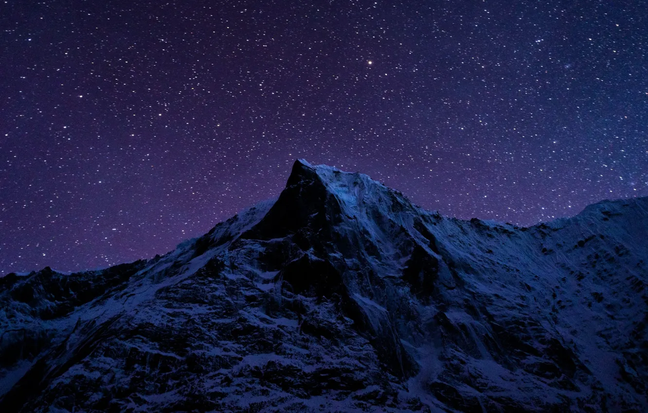 Photo wallpaper winter, the sky, snow, mountains, night, nature, rocks, stars