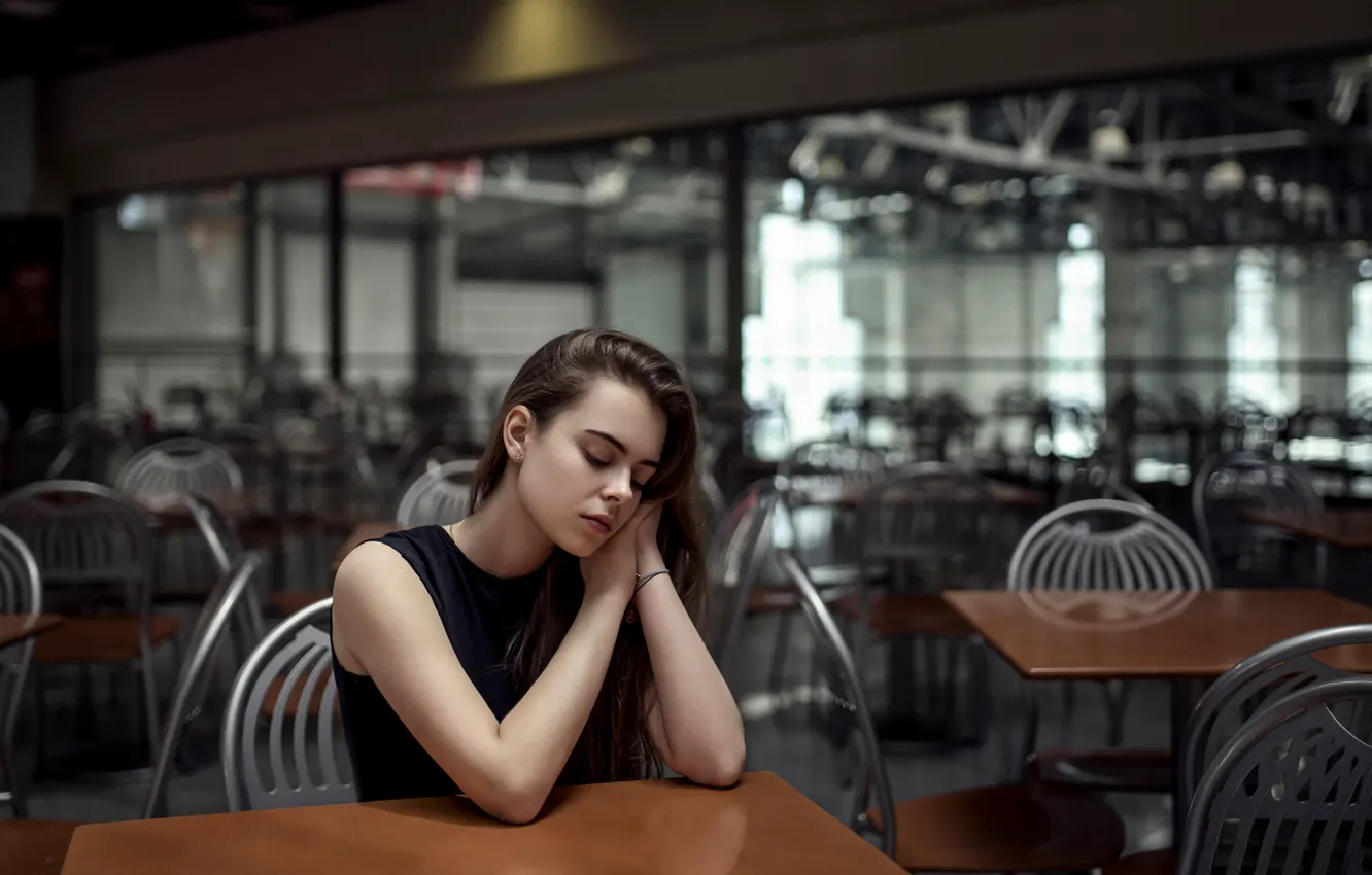 Photo wallpaper girl, cafe, table, serenity, Maxim Guselnikov, Ekaterina Kuznetsova
