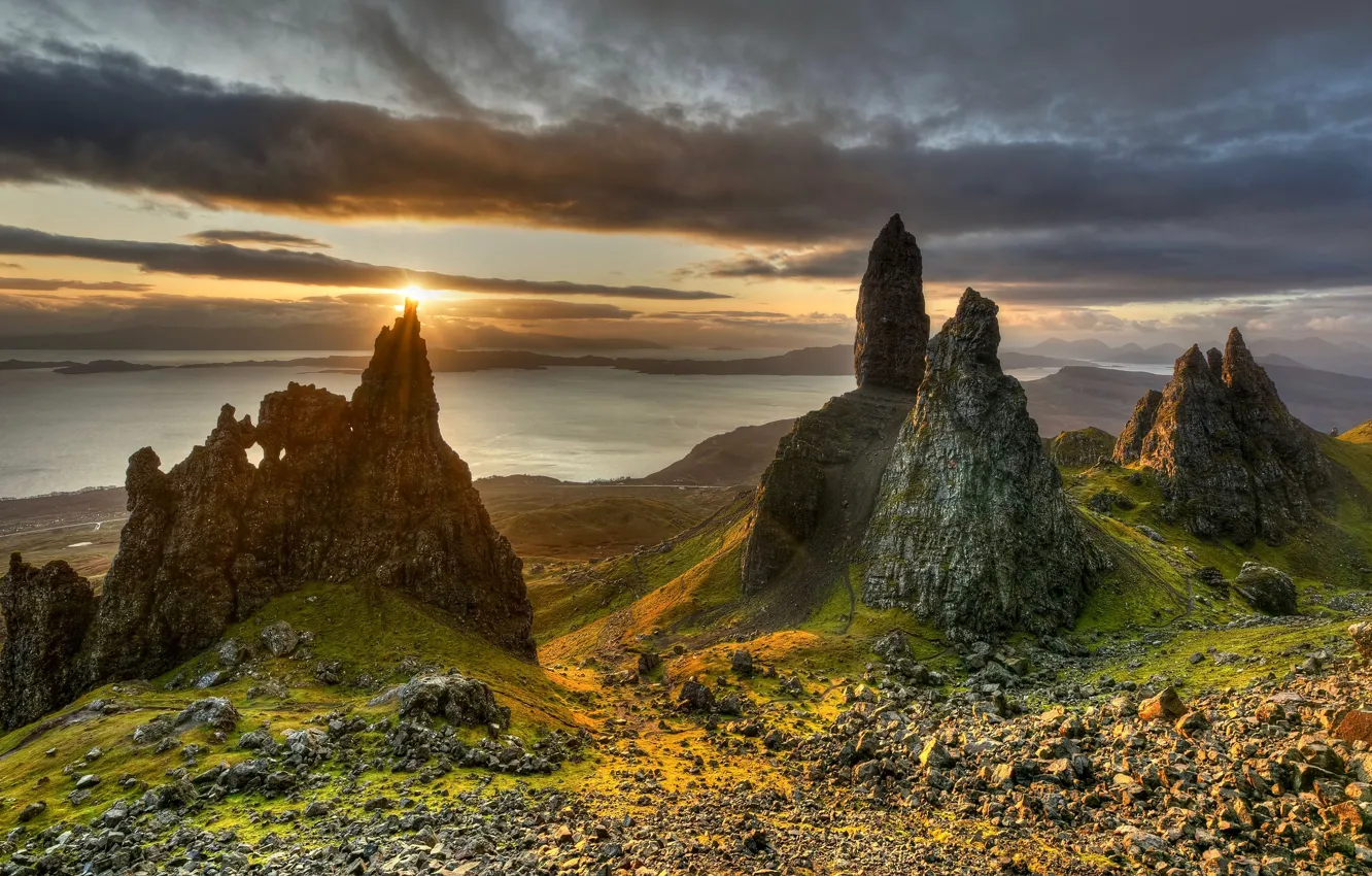 Photo wallpaper sea, the sky, the sun, clouds, light, sunset, mountains, clouds