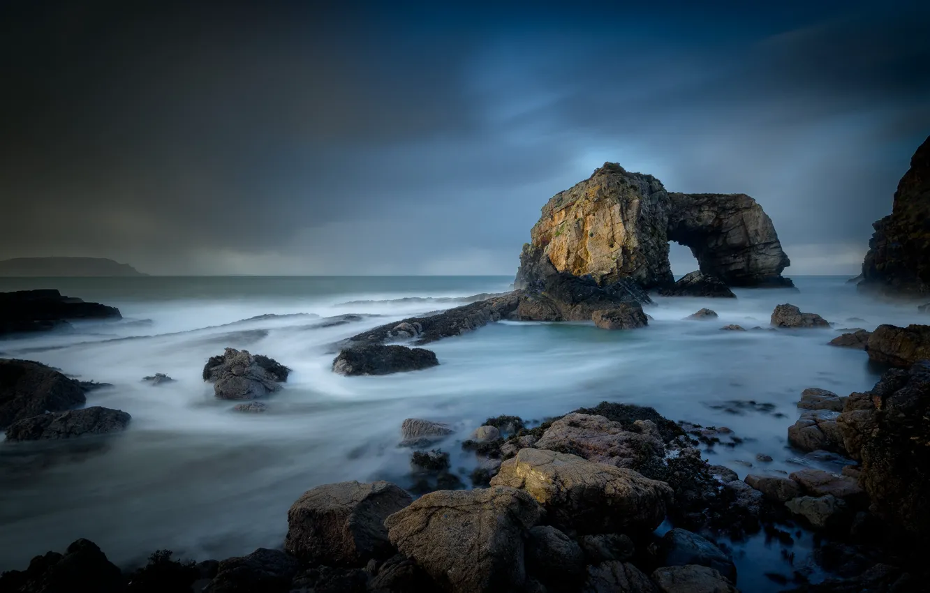 Photo wallpaper sea, wave, the sky, clouds, night, blue, clouds, stones