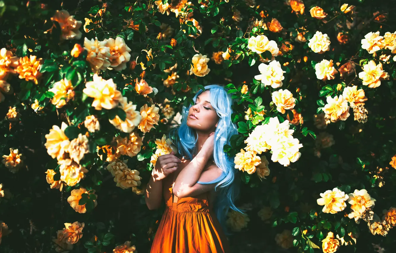 Photo wallpaper girl, flowering, blue hair, sunlight, True Blue, Alexandra Cameron