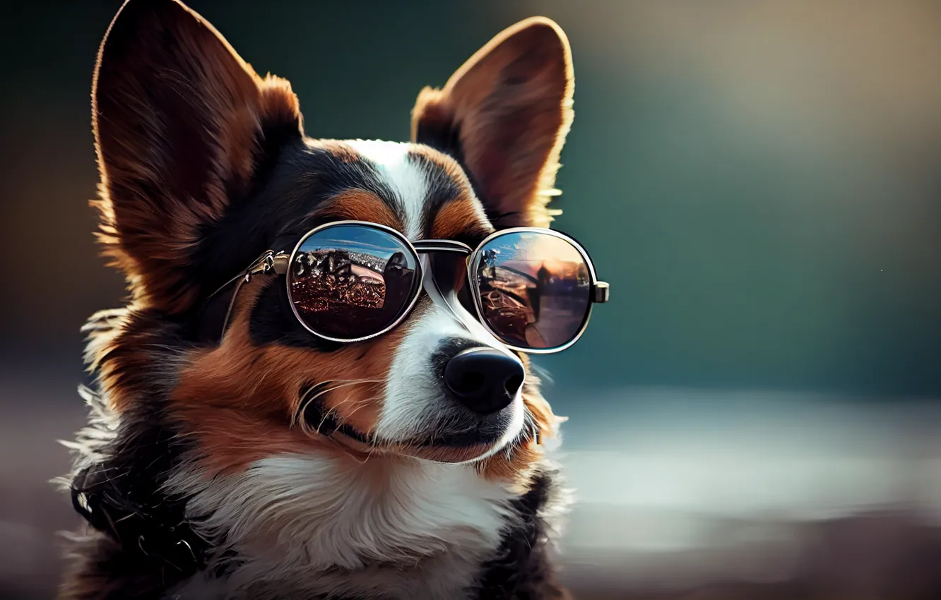 Photo wallpaper look, face, dog, ears, digital art, sunglasses, AI art, The Art of Artificial Intelligence