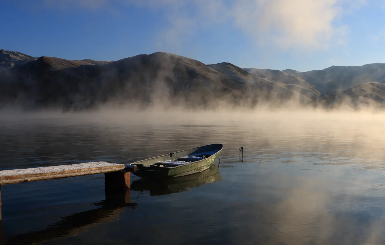 Photo wallpaper fog, lake, boat, morning