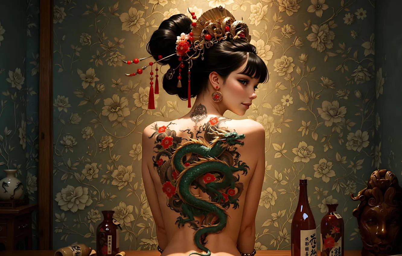 Photo wallpaper back, tattoo, hairstyle, tattoo, Asian, asian, digital art, digital art