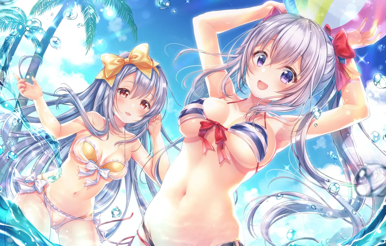 Photo wallpaper sexy, cleavage, sky, long hair, sea, girls, boobs, anime