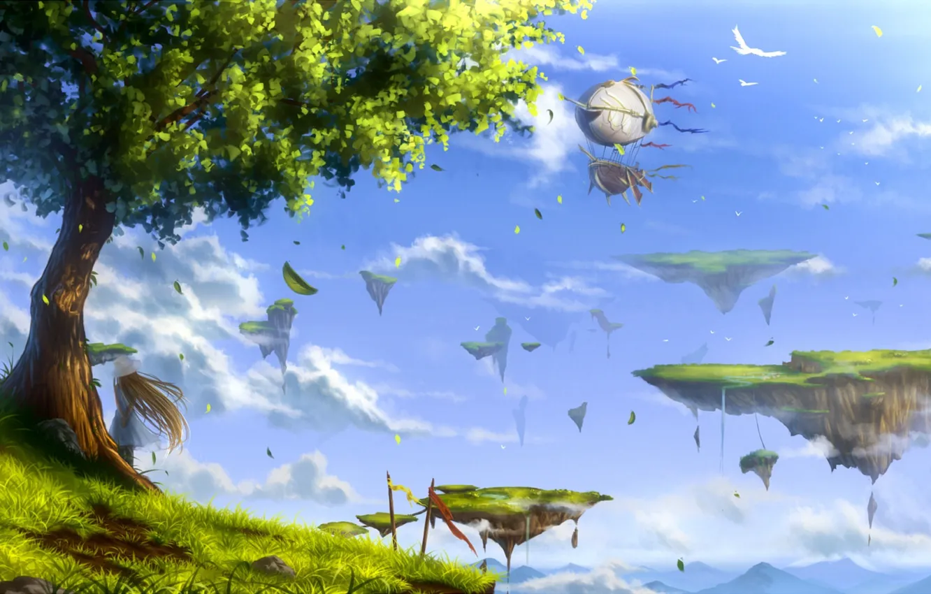 Photo wallpaper the sky, girl, clouds, landscape, birds, nature, tree, anime