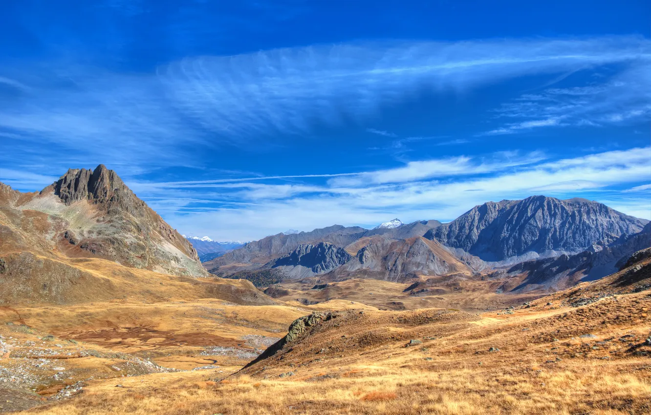 Photo wallpaper the sky, grass, clouds, mountains, stones, tops, valley, horizon