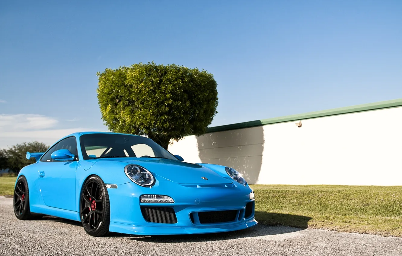 Photo wallpaper the sky, trees, blue, tuning, the fence, 911, Porsche, supercar