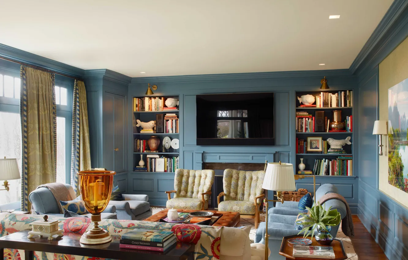 Photo wallpaper design, style, interior, fireplace, library, living room, Bunny Williams living room