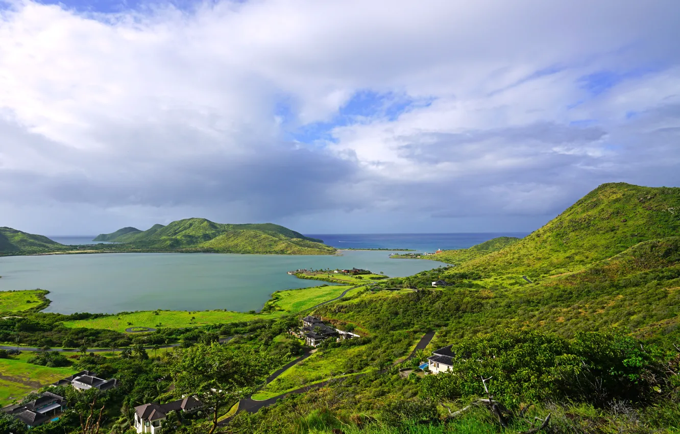 Photo wallpaper sea, the sky, the sun, clouds, tropics, coast, Bay, horizon