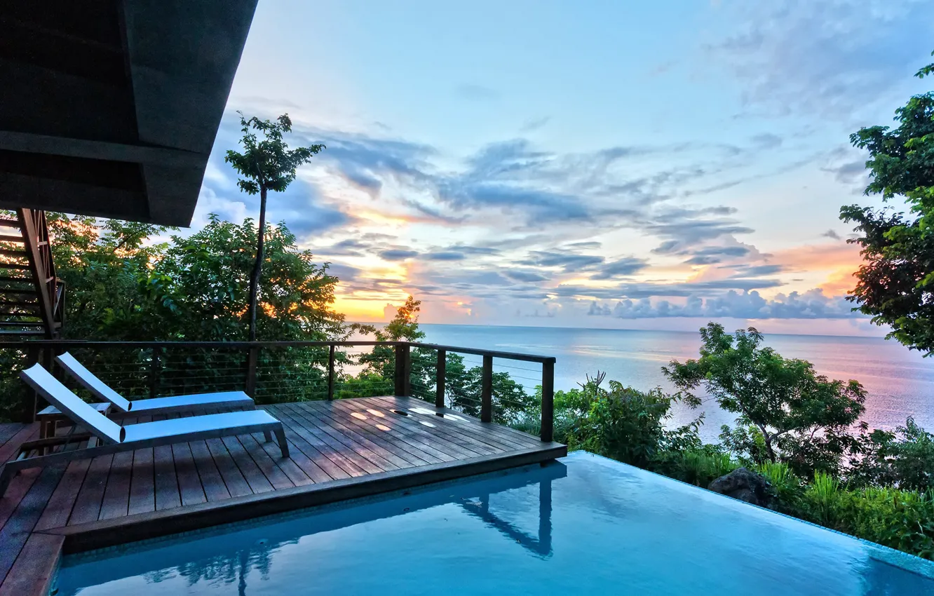 Photo wallpaper the evening, pool, the hotel, sunbeds, Caribbean, Dominica