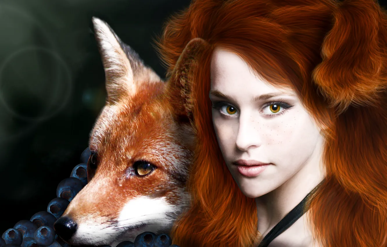 Photo wallpaper eyes, look, girl, face, berries, fiction, animal, hair