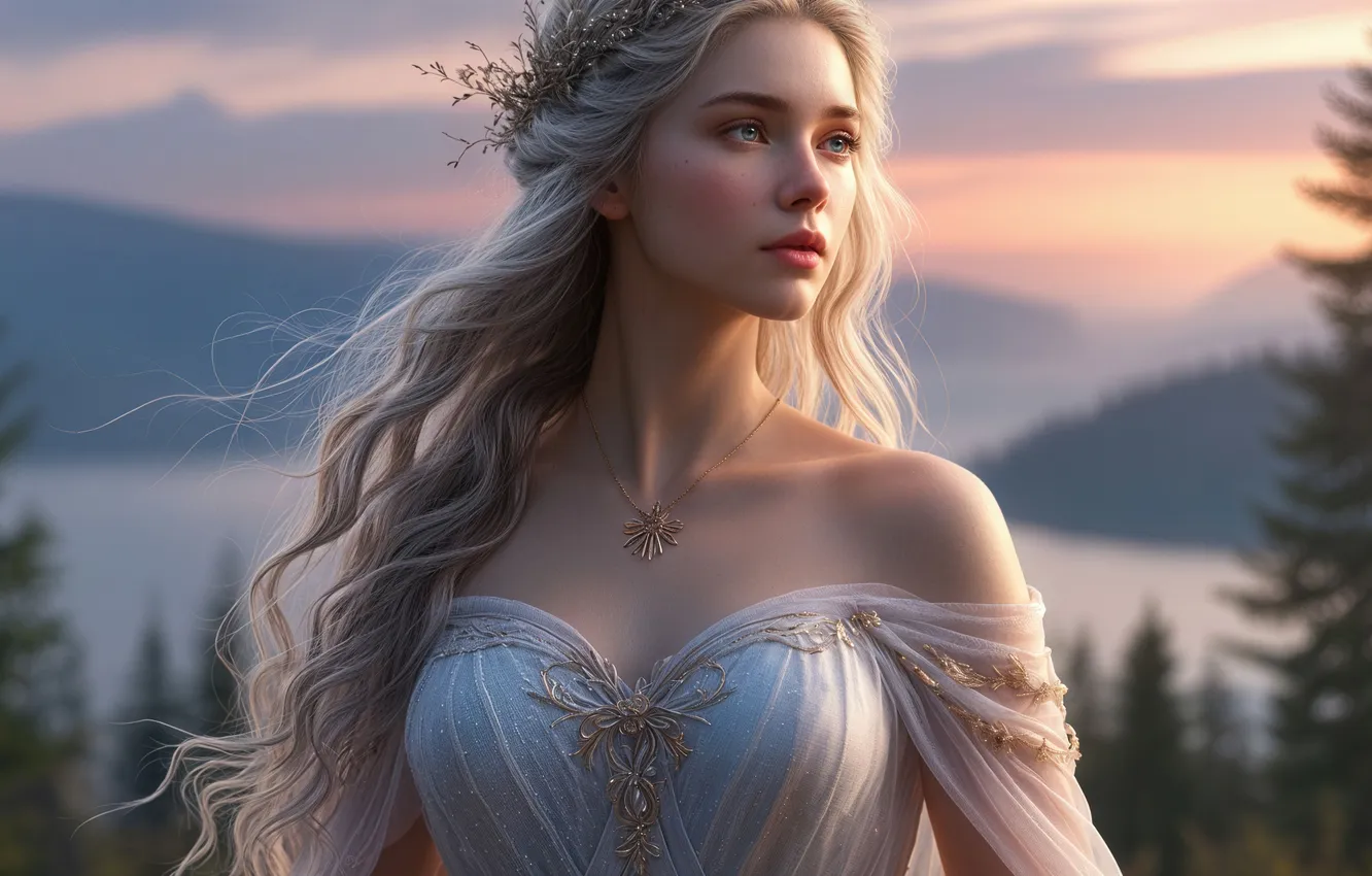 Photo wallpaper forest, chest, the sky, look, girl, mountains, pose, fog