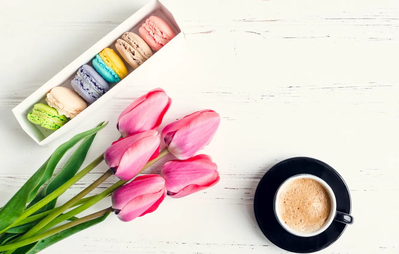 Photo wallpaper box, coffee, cookies, Cup, tulips