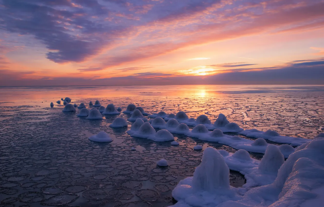 Photo wallpaper ice, winter, sea, sunset, shore
