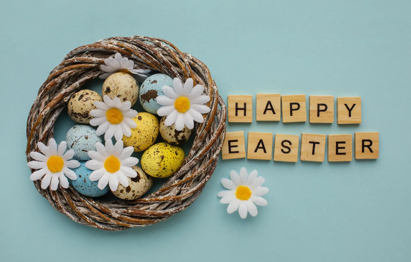 Photo wallpaper flowers, yellow, letters, holiday, the inscription, cubes, chamomile, eggs