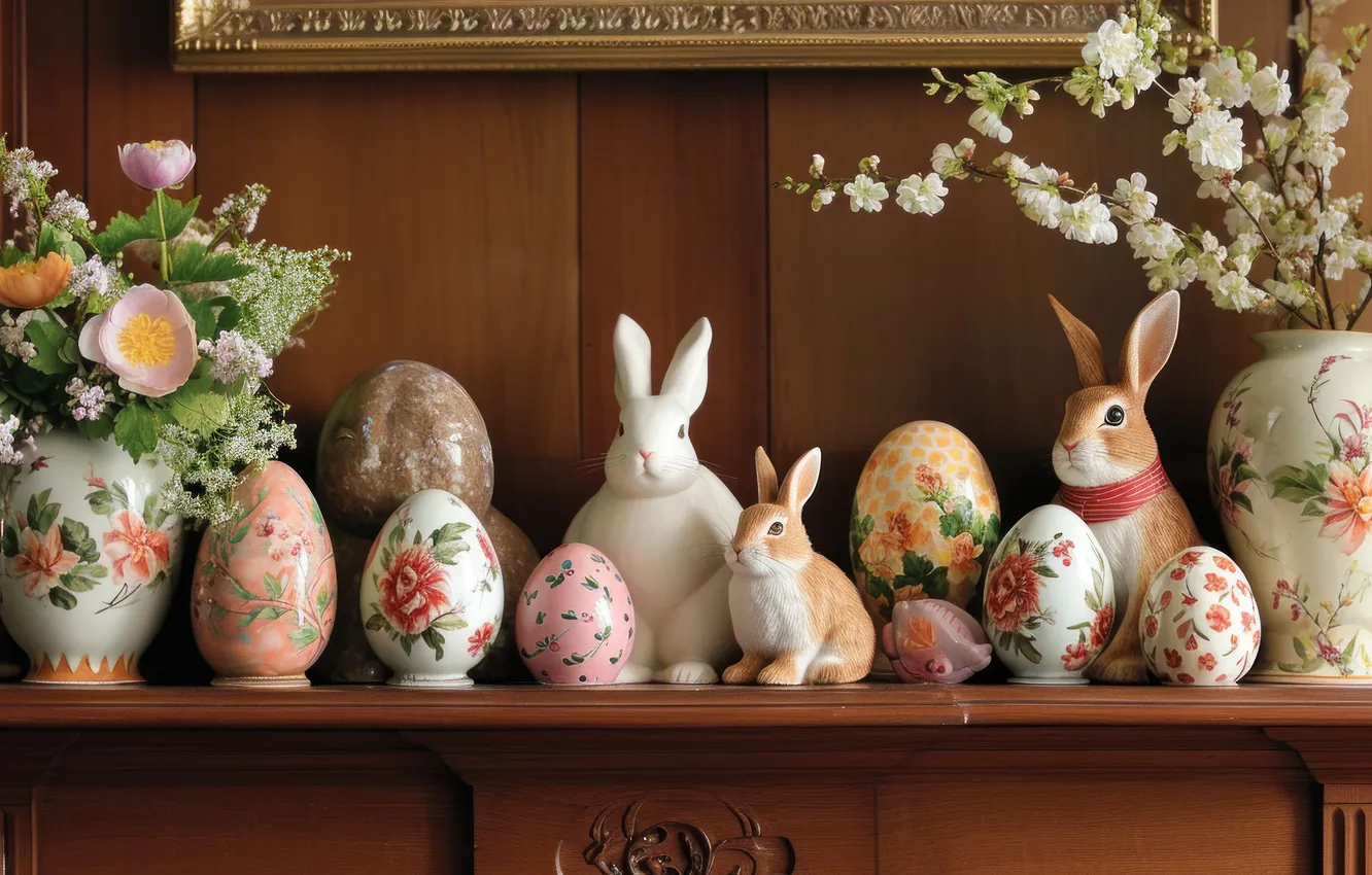Photo wallpaper holiday, toys, Easter, rabbits, figures, bunnies, AI art, neural network