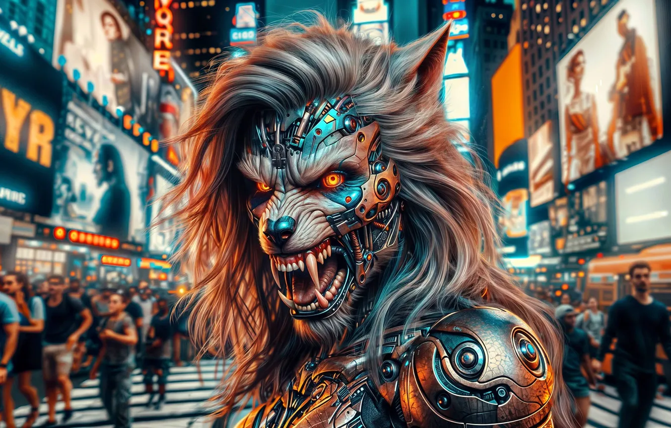 Photo wallpaper the city, robot, wolf, cyborg