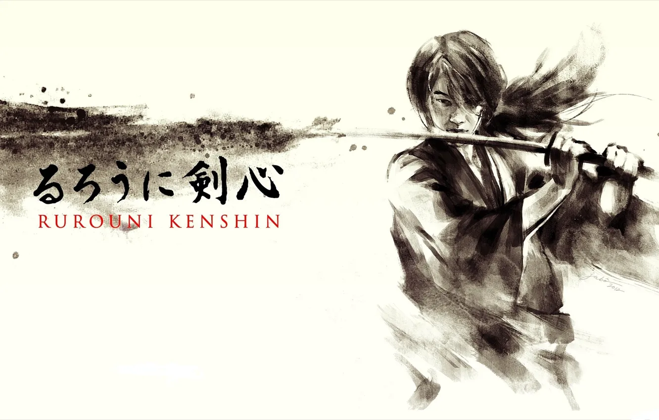 Photo wallpaper figure, black and white, katana, characters, white background, scar, swordsman, Rurouni Kenshin