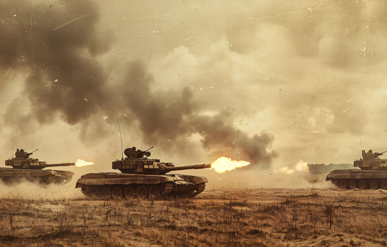 Photo wallpaper retro, smoke, shot, tank, digital art, AI art, The Art of Artificial Intelligence, War and …