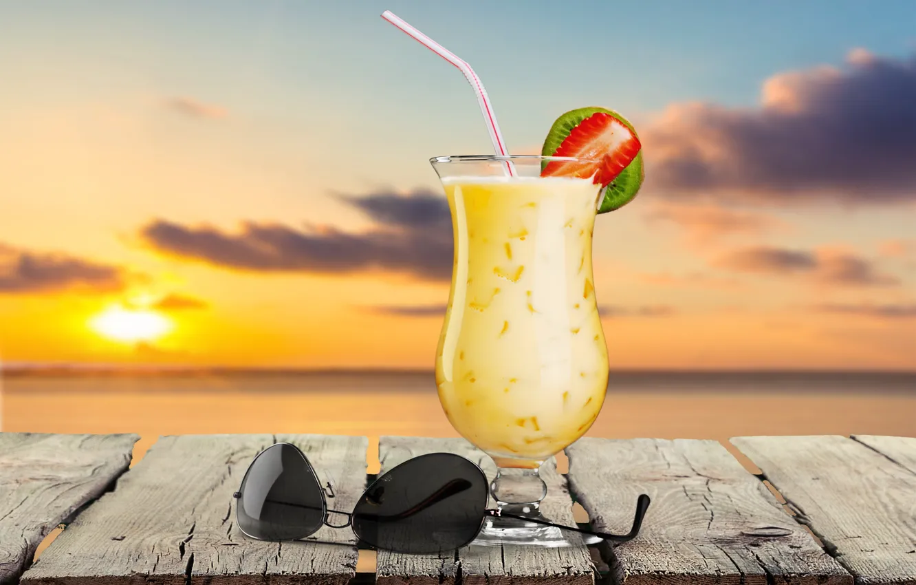 Photo wallpaper sea, beach, palm trees, cocktail, summer, beach, sea, paradise